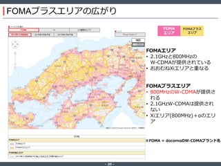 ‐ 20 ‐
FOMAプラスエリアの広がり
FOMA
エリア
FOMAプラス
エリア
FOMAエリア
• 2.1GHzと800MHzの
W-CDMAが提供されている
• おおむねXiエリアと重なる
FOMAプラスエリア
• 800MHzのW-CDMAが提供さ
れる
• 2.1GHzW-CDMAは提供され
ない
• Xiエリア(800MHz)＋αのエリ
ア
※FOMA = docomoのW-CDMAブランド名
 