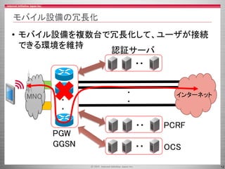 12
モバイル設備の冗長化
• モバイル設備を複数台で冗長化して、ユーザが接続
できる環境を維持
インターネット
・
・
PGW
GGSN
認証サーバ
PCRF
OCS
・
・
MNO
・・
・・
・・
 