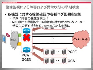 14
設備監視による障害および異常状態の早期検出
インターネット
・
・
PGW
GGSN
認証サーバ
PCRF
OCS
・
・
MNO
・・
・・
・・
• 各機器に対する稼働確認や各種ログ監視を実施
• 早期に障害の発生を検出！
• MNO側での問題など、IIJ側の監視では分からない、ユー
ザの生の声を拾うため、ｔwitter/2chも参考に
 