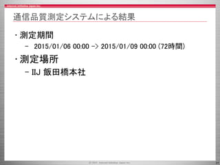 31
通信品質測定システムによる結果
• 測定期間
– 2015/01/06 00:00 -> 2015/01/09 00:00 (72時間)
• 測定場所
– IIJ 飯田橋本社
 