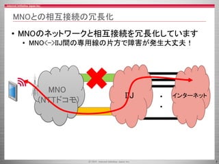 7
MNOとの相互接続の冗長化
• MNOのネットワークと相互接続を冗長化しています
• MNO<->IIJ間の専用線の片方で障害が発生大丈夫！
MNO
(NTTドコモ)
IIJ インターネット・
・
 