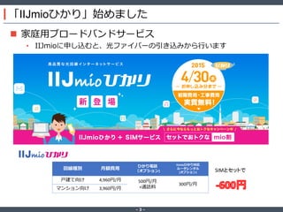 ‐ 3 ‐
「IIJmioひかり」始めました
 家庭用ブロードバンドサービス
• IIJmioに申し込むと、光ファイバーの引き込みから行います
回線種別 月額費用
ひかり電話
（オプション)
IIJmioひかり対応
ルータレンタル
(オプション)
戸建て向け 4,960円/月 500円/月
+通話料
300円/月
マンション向け 3,960円/月
SIMとセットで
 