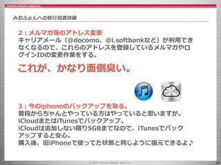 24
2：メルマガ等のアドレス変更
キャリアメール（@docomo、@i.softbankなど）が利用でき
なくなるので、これらのアドレスを登録しているメルマガやロ
グインIDの変更作業をする。
3：今のiphoneのバックアップを取る。
普段からちゃんとやっている方はやっていると思いますが。
iCloudまたはiTunesでバックアップ。
iCloudは追加しない限り5GBまでなので、iTunesでバック
アップすると安心。
購入後、旧iPhoneで使ってた状態と同じように復元できるよ♪
みおふぉんへの移行覚書詳細
これが、かなり面倒臭い。
 