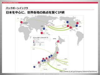 6
バックボーンインフラ
日本を中心に、世界各地の拠点を繋ぐIP網
http://www.iij.ad.jp/company/network/backbone/
 