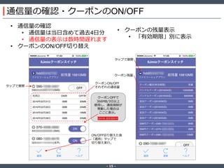 ‐ 15 ‐
通信量の確認・クーポンのON/OFF
• 通信量の確認
• 通信量は当日含めて過去4日分
• 通信量の表示は数時間遅れます
• クーポンのON/OFF切り替え
• クーポンの残量表示
• 「有効期限」別に表示
クーポンON/OFF
それぞれの通信量
クーポンOFFで
366MB/3日以上
使用し、通信規制が
発動した場合は
ここに表示。
ON/OFF切り替えた後
「適用」タップで
切り替え実行。
タップで展開
タップで展開
クーポン残量
 