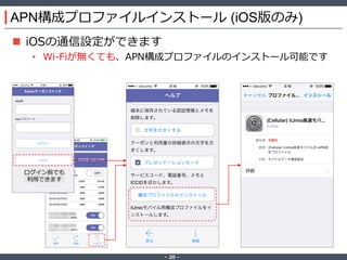 ‐ 20 ‐
APN構成プロファイルインストール (iOS版のみ)
 iOSの通信設定ができます
• Wi-Fiが無くても、APN構成プロファイルのインストール可能です
ログイン前でも
利用できます
 