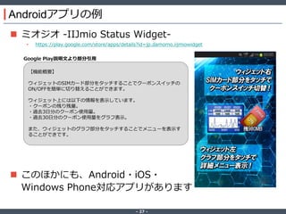 ‐ 27 ‐
Androidアプリの例
 ミオジオ -IIJmio Status Widget-
• https://play.google.com/store/apps/details?id=jp.damomo.iijmiowidget
 このほかにも、Android・iOS・
Windows Phone対応アプリがあります
【機能概要】
ウィジェットのSIMカード部分をタッチすることでクーポンスイッチの
ON/OFFを簡単に切り替えることができます。
ウィジェット上には以下の情報を表示しています。
・クーポンの残り残量。
・過去3日分のクーポン使用量。
・過去30日分のクーポン使用量をグラフ表示。
また、ウィジェットのグラフ部分をタッチすることでメニューを表示す
ることができです。
Google Play説明文より部分引用
 