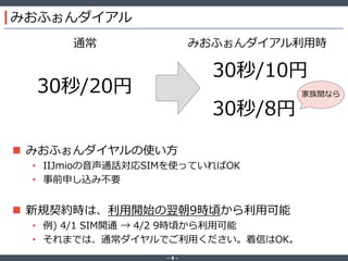 ‐ 4 ‐
みおふぉんダイアル
 みおふぉんダイヤルの使い方
• IIJmioの音声通話対応SIMを使っていればOK
• 事前申し込み不要
 新規契約時は、利用開始の翌朝9時頃から利用可能
• 例) 4/1 SIM開通 → 4/2 9時頃から利用可能
• それまでは、通常ダイヤルでご利用ください。着信はOK。
30秒/20円
30秒/10円
30秒/8円
通常 みおふぉんダイアル利用時
家族間なら
 