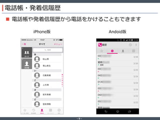 ‐ 9 ‐
電話帳・発着信履歴
 電話帳や発着信履歴から電話をかけることもできます
iPhone版 Andoid版
 