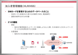 © 2016 Internet Initiative Japan Inc. 6
加入者管理機能（HLR/HSS）
• SIMカードを管理するためのデータベースのこと
– SIMカードに記録された様々なID番号（IMSI、電話番号）
– 通信の暗号化のための鍵
• 2つの機能
– 認証
• 端末が携帯電話ネットワークに接続しようとした際、その端末にどのネットワーク
サービスの利用を許すかを制御
– 位置登録
• 端末がどの交換機の管轄下にあるかを記録
スマートフォン
タブレット
基地局
コアネットワーク
音声交換機
SIMカード
パケット交換機
HLR/HSS
認証・位置登録
認証・位置登録
 
