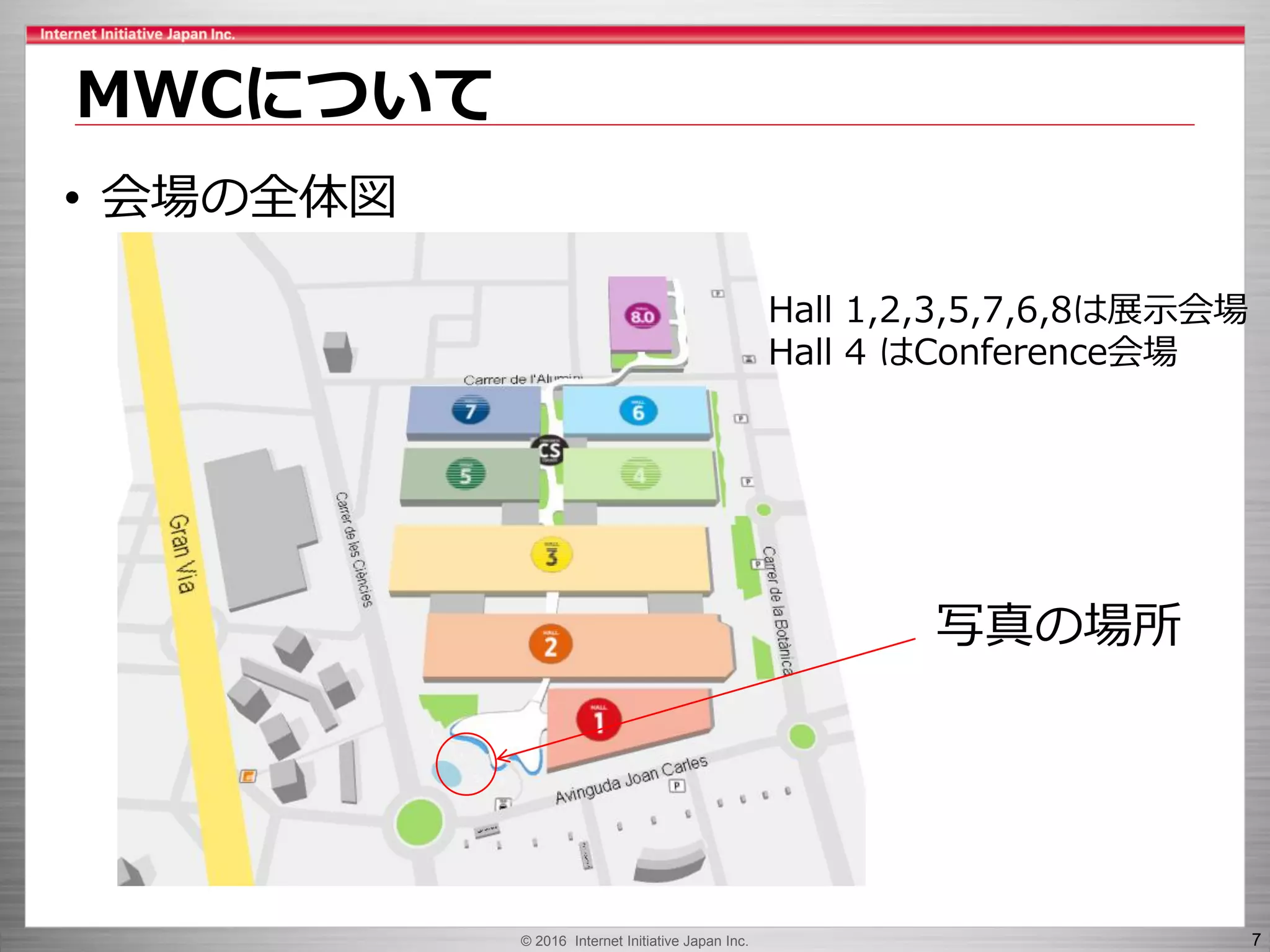 © 2016 Internet Initiative Japan Inc. 7
MWCについて
• 会場の全体図
Hall 1,2,3,5,7,6,8は展示会場
Hall 4 はConference会場
写真の場所
 