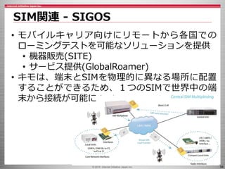 © 2016 Internet Initiative Japan Inc. 58
SIM関連 - SIGOS
• モバイルキャリア向けにリモートから各国での
ローミングテストを可能なソリューションを提供
• 機器販売(SITE)
• サービス提供(GlobalRoamer)
• キモは、端末とSIMを物理的に異なる場所に配置
することができるため、１つのSIMで世界中の端
末から接続が可能に
 