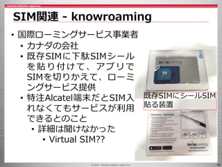 © 2016 Internet Initiative Japan Inc. 59
SIM関連 - knowroaming
• カナダの会社
• 既存SIMに下駄SIMシール
を貼り付けて 、アプリで
SIMを切りかえて、ローミ
ングサービス提供
• 特注Alcatel端末だとSIM入
れなくてもサービスが利用
できるとのこと
• 詳細は聞けなかった
• Virtual SIM??
• 国際ローミングサービス事業者
既存SIMにシールSIM
貼る装置
 