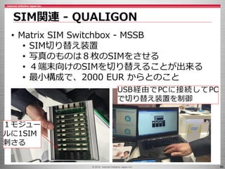 © 2016 Internet Initiative Japan Inc. 66
SIM関連 - QUALIGON
• Matrix SIM Switchbox - MSSB
• SIM切り替え装置
• 写真のものは８枚のSIMをさせる
• ４端末向けのSIMを切り替えることが出来る
• 最小構成で、2000 EUR からとのこと
１モジュー
ルに1SIM
刺さる
USB経由でPCに接続してPC
で切り替え装置を制御
 