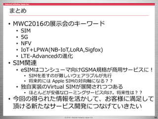 © 2016 Internet Initiative Japan Inc. 68
まとめ
• MWC2016の展示会のキーワード
• SIM
• 5G
• NFV
• IoT+LPWA(NB-IoT,LoRA,Sigfox)
• LTE-Advancedの進化
• SIM関連
• eSIMはコンシューマ向けGSMA規格が商用サービスに！
• SIMを差すのが難しいウェアラブルが先行
• 将来的には Apple SIMの対向軸になる？？
• 独自実装のVirtual SIMが展開されつつある
• ほとんどが安価なローミングサービス向け。将来性は？？
• 今回の得られた情報を活かして、お客様に満足して
頂ける新たなサービス開発につなげていきたい
 