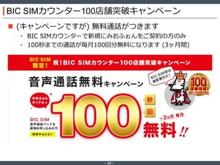 ‐ 10 ‐
BIC SIMカウンター100店舗突破キャンペーン
 (キャンペーンですが) 無料通話がつきます
• BIC SIMカウンターで新規にみおふぉんをご契約の方のみ
• 100秒までの通話が毎月100回分無料になります (3ヶ月間)
 