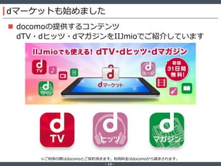 ‐ 13 ‐
dマーケットも始めました
 docomoの提供するコンテンツ
dTV・dヒッツ・dマガジンをIIJmioでご紹介しています
※ご利用の際はdocomoとご契約頂きます。利用料金はdocomoから請求されます。
 