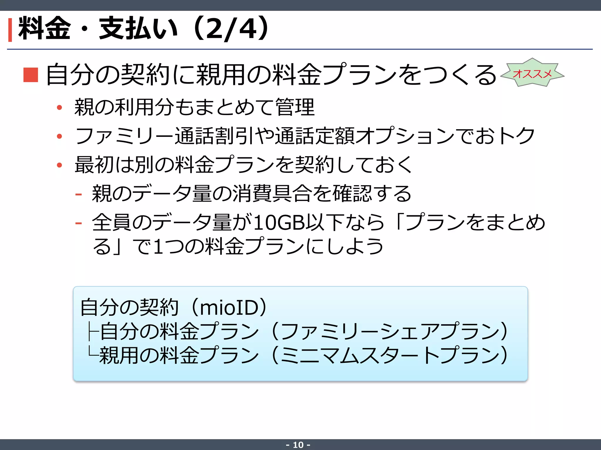 ‐ 10 ‐
料金・支払い（2/4）
 自分の契約に親用の料金プランをつくる
• 親の利用分もまとめて管理
• ファミリー通話割引や通話定額オプションでおトク
• 最初は別の料金プランを契約しておく
- 親のデータ量の消費具合を確認する
- 全員のデータ量が10GB以下なら「プランをまとめ
る」で1つの料金プランにしよう
オススメ
自分の契約（mioID）
├自分の料金プラン（ファミリーシェアプラン）
└親用の料金プラン（ミニマムスタートプラン）
 