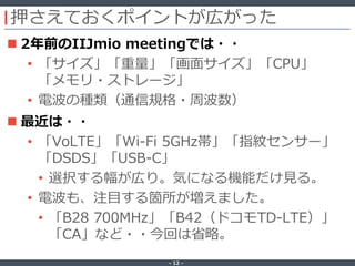 ‐ 12 ‐
押さえておくポイントが広がった
 2年前のIIJmio meetingでは・・
• 「サイズ」「重量」「画面サイズ」「CPU」
「メモリ・ストレージ」
• 電波の種類（通信規格・周波数）
 最近は・・
• 「VoLTE」「Wi-Fi 5GHz帯」「指紋センサー」
「DSDS」「USB-C」
• 選択する幅が広り。気になる機能だけ見る。
• 電波も、注目する箇所が増えました。
• 「B28 700MHz」「B42（ドコモTD-LTE）」
「CA」など・・今回は省略。
 