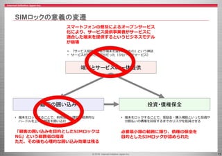 © 2016 Internet Initiative Japan Inc. 13
SIMロックの意義の変遷
投資・債権保全顧客の囲い込み
• 「サービス提供事業者が端末を提供するもの」という神話
• サービスが端末と不可分だった（クローズドサービス）
端末とサービスの一体提供
• 端末をロックすることで、奨励金・購入補助といった投資や
分割払いの債権を回収するまでのリスクを低減させる
• 端末をロックすることで、利用者の心理的・経済的な
ハードルを上げて顧客を囲い込む
スマートフォンの普及によるオープンサービス
化により、サービス提供事業者がサービスに
適合した端末を提供するというビジネスモデル
が崩壊
「顧客の囲い込みを目的としたSIMロックは
NG」という総務省の指導
ただ、その後も心理的な囲い込み効果は残る
必要最小限の範囲に限り、債権の保全を
目的としたSIMロックが認められた
 