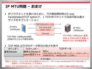 © 2016 Internet Initiative Japan Inc. 48
• IPフラグメントを避けるために、TCP通信開始時の3-way
handshakeのTCP optionで、1 TCP/IPパケットで送信可能な最大
サイズをネ...