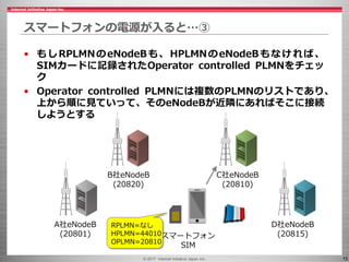 © 2017 Internet Initiative Japan Inc. 15
スマートフォンの電源が入ると…③
• もしRPLMNのeNodeBも、HPLMNのeNodeBもなければ、
SIMカードに記録されたOperator controlled PLMNをチェッ
ク
• Operator controlled PLMNには複数のPLMNのリストであり、
上から順に見ていって、そのeNodeBが近隣にあればそこに接続
しようとする
C社eNodeB
(20810)
スマートフォン
SIM
B社eNodeB
(20820)
A社eNodeB
(20801)
D社eNodeB
(20815)
RPLMN=なし
HPLMN=44010
OPLMN=20810
 