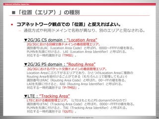 © 2017 Internet Initiative Japan Inc. 14
■「位置（エリア）」の種別
• コアネットワーク観点での「位置」と捉えればよい。
– 通信方式や利用ドメインで名称が異なり、別のエリアと見なされる。
▼2G/3G CS domain : “Location Area”
2G/3Gにおける回線交換ドメインの着信管理エリア。
識別番号はLAC（Location Area Code）と呼ばれ、0000～FFFFの値を取る。
PLMNを先頭に付けると、LAI（Location Area Identifier）と呼ばれる。
対応する一時的識別子は「TMSI」。
▼2G/3G PS domain : “Routing Area”
2G/3Gにおけるパケット交換ドメインの着信管理エリア。
Location Areaにぶら下がるエリアであり、ひとつのLocation Areaに複数の
Routing Areaを紐付けることができる（もちろん1:1で管理してもよい）
識別番号はRAC（Routing Area Code）と呼ばれ、00～FFの値を取る。
LAIを先頭に付けると、RAI（Routing Area Identifier）と呼ばれる。
対応する一時的識別子は「P-TMSI」。
▼LTE : “Tracking Area”
LTEにおける着信管理エリア。（LTEはもともとPS domainのみなので）
識別番号はTAC（Tracking Area Code）と呼ばれ、0000～FFFFの値を取る。
PLMNを先頭に付けると、TAI（Tracking Area Identifier）と呼ばれる。
対応する一時的識別子は「GUTI」。
 
