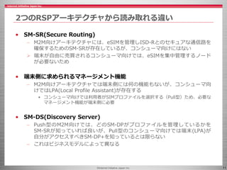©Internet Initiative Japan Inc. 11
2つのRSPアーキテクチャから読み取れる違い
• SM-SR(Secure Routing)
– M2M向けアーキテクチャには、eSIMを管理しISD-Rとのセキュアな通信路を
確保するためのSM-SRが存在しているが、コンシューマ向けにはない
 端末が自由に売買されるコンシューマ向けでは、eSIMを集中管理するノード
が必要ないため
• 端末側に求められるマネージメント機能
– M2M向けアーキテクチャでは端末側には何の機能もないが、コンシューマ向
けではLPA(Local Profile Assistant)が存在する
• コンシューマ向けでは利用者がSIMプロファイルを選択する（Pull型）ため、必要な
マネージメント機能が端末側に必要
• SM-DS(Discovery Server)
– Push型のM2M向けでは、どのSM-DPがプロファイルを管理しているかを
SM-SRが知っていれば良いが、Pull型のコンシューマ向けでは端末(LPA)が
自分がアクセスすべきSM-DP+を知っているとは限らない
– これはビジネスモデルによって異なる
 