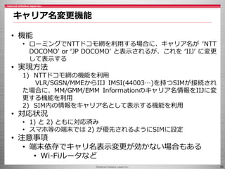 ©Internet Initiative Japan Inc. 35
キャリア名変更機能
• 機能
• ローミングでNTTドコモ網を利用する場合に、キャリア名が ‘NTT
DOCOMO’ or ‘JP DOCOMO’ と表示されるが、これを ‘...