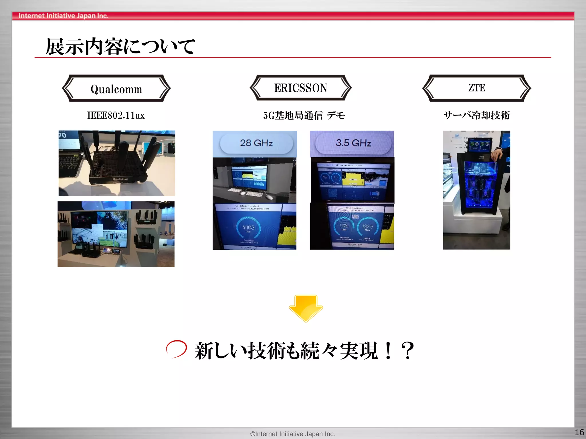 ©Internet Initiative Japan Inc. 16
ZTE
サーバ冷却技術
新しい技術も続々実現！？
IEEE802.11ax
Qualcomm
5G基地局通信 デモ
ERICSSON
展示内容について
 