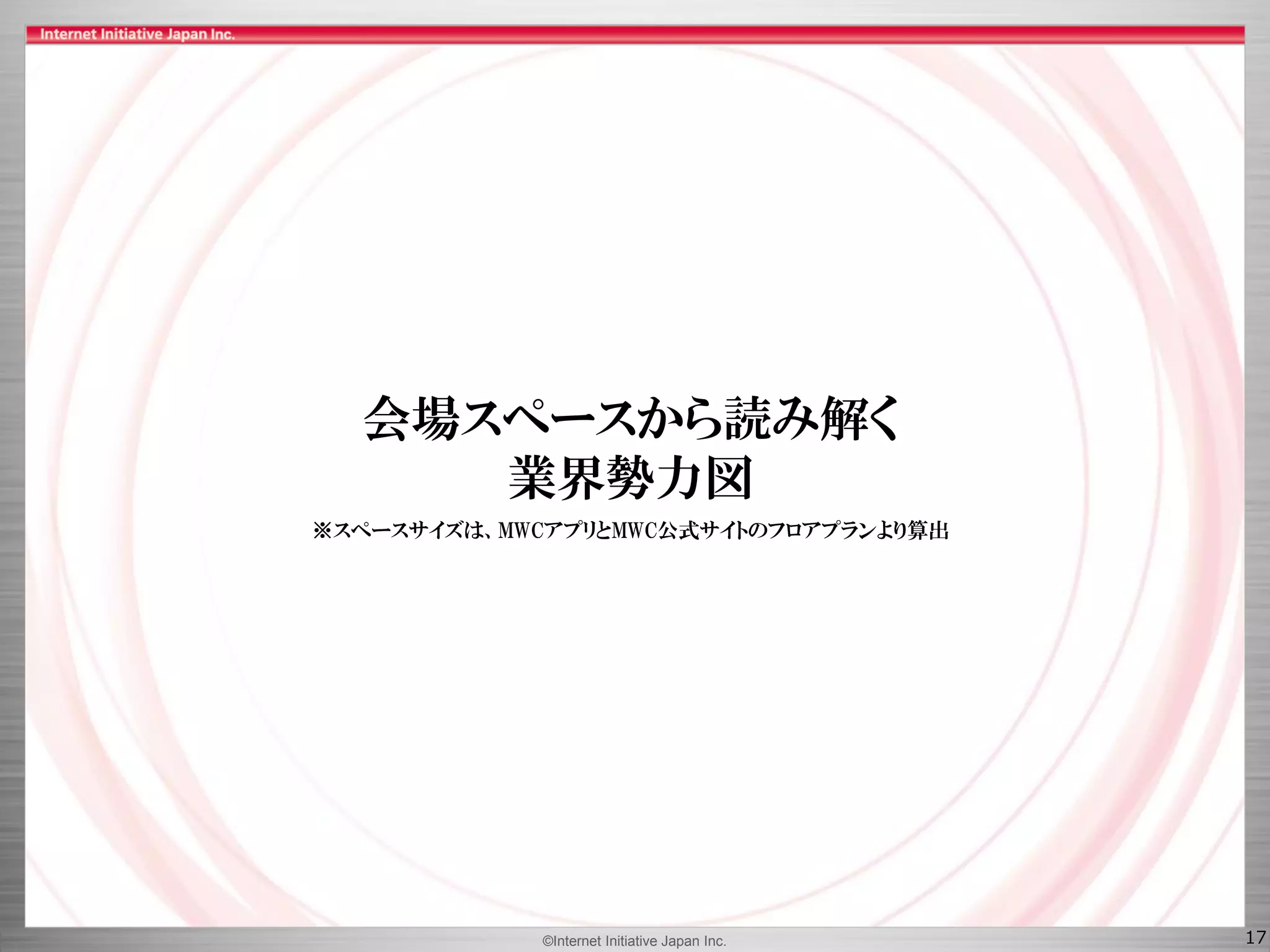 ©Internet Initiative Japan Inc. 17
会場スペースから読み解く
業界勢力図
※スペースサイズは、MWCアプリとMWC公式サイトのフロアプランより算出
 