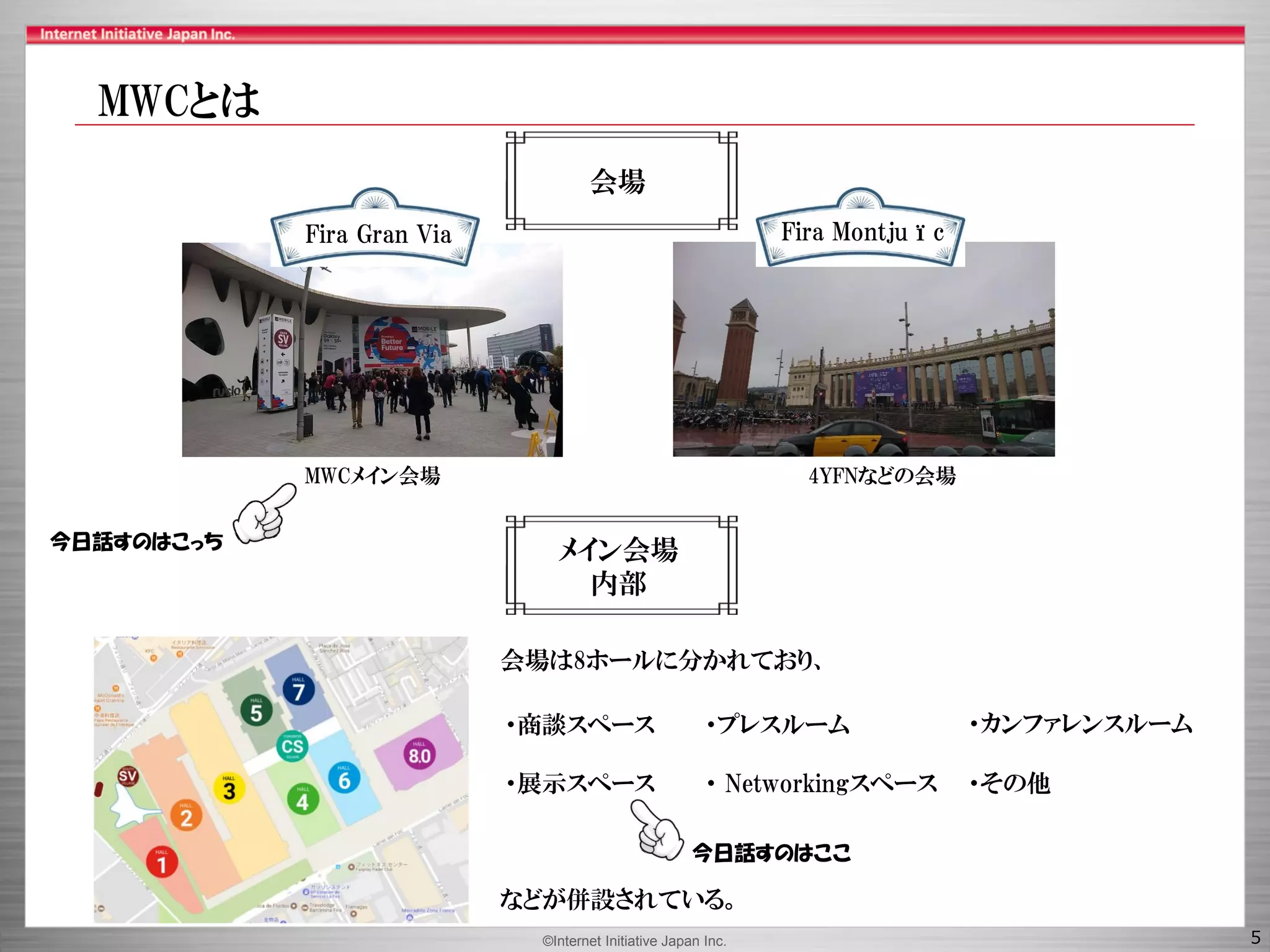 ©Internet Initiative Japan Inc. 5
会場は8ホールに分かれており、
会場
MWCメイン会場 4YFNなどの会場
Fira Gran Via Fira Montjuïc
メイン会場
内部
・展示スペース
などが併設されている。
・商談スペース
・ Networkingスペース
・カンファレンスルーム・プレスルーム
・その他
今日話すのはここ
今日話すのはこっち
MWCとは
 