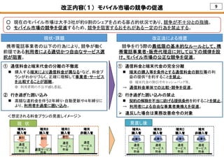 9改正内容（１） モバイル市場の競争の促進
○ 現在のモバイル市場は大手３社が約９割のシェアを占める寡占的状況であり、競争が不十分との指摘。
○ モバイル市場の競争を促進するため、競争を阻害するおそれがある一定の行為を禁止する。
＜想定される料金プランの見直しイメージ＞
① 通信料金と端末代金の分離の不徹底
 購入する端末により通信料金が異なる※など、料金プ
ランがわかりづらく、正確に理解して事業者・サービス
を比較することが困難。
※ 利用者間の不公平感も惹起。
② 行き過ぎた囲い込み
 高額な違約金を伴う２年縛り・自動更新や４年縛りに
より、利用者を過度に囲い込み。
現状・課題 改正法による措置
携帯電話事業者の以下の行為により、競争が働く
前提である利用者による適切かつ自由なサービス選
択が阻害。
競争を行う際の最低限の基本的なルールとして、携
帯電話事業者・販売代理店に対して以下の規律を設
け、モバイル市場の公正な競争を促進。
① 通信料金と端末代金の完全分離
 端末の購入等を条件とする通信料金の割引等の利
益の提供※を約することを禁止。
※ 端末代金の割引やキャッシュバック等。
→ 通信料金単体での比較・競争を促進。
② 行き過ぎた囲い込みの禁止
 契約の解除を不当に妨げる提供条件を約することを禁止。
→ 利用者による自由な事業者乗換えを促進。
現 状 見直し後
 違反した場合は業務改善命令の対象
 