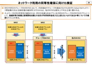 20ネットワーク利用の同等性確保に向けた検証
MNO
低廉な料金プラン
低廉な料金プラン以外
の料金プラン
MNO
低廉な料金プラン以外
の料金プラン
他のMVNO
低廉な料金プラン
利用者
料金収入
営業費
グループ内MVNO
低廉な料金プラン
利用者
料金収入
営業費
補助？
利用者
料金収入
営業費
補助？
ネットワーク
関連費
（接続料等）
ネットワーク
関連費
ネットワーク
関連費
（接続料等）
補助？補助？
競
争
上
不
利
な
立
場
に
置
か
れ
る
高
品
質
高
品
質
 MNOやMNOのグループ内のMVNOにおいて、内部補助やグループ内補助がなければ赤字になるようなネットワー
ク関連費の支出（回線容量の確保等）が行われると、他のMVNOは競争上不利な立場に置かれる。
 ネットワーク利用の同等性の確保のため、MNOの低廉な料金プラン及びMNOのグループ内のMVNOのプランにつ
いて、接続料等の総額と営業費相当額との合計が利用者料金収入を上回らないものであるか等についての確
認を行うことが適当。
 