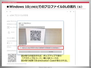 ©Internet Initiative Japan Inc. 18
■Windows 10(1903)でのプロファイルDLの流れ（６）
読み取りが成功すれば、ポップアップ下部の
「アクティブ化コード」欄にQRコードの
読み取り結果であるActivation Codeが表示される。
 