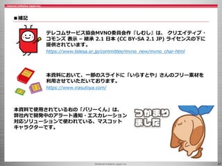©Internet Initiative Japan Inc. 37
■補記
テレコムサービス協会MVNO委員会作『しむし』は、 クリエイティブ・
コモンズ 表示 – 継承 2.1 日本 (CC BY-SA 2.1 JP) ライセンスの下に
提供されています。
https://www.telesa.or.jp/committee/mvno_new/mvno_char-html
本資料において、一部のスライドに「いらすとや」さんのフリー素材を
利用させていただいております。
https://www.irasutoya.com/
本資料で使用されている右の「バリーくん」は、
弊社内で開発中のアラート通知・エスカレーション
対応ソリューションで使われている、マスコット
キャラクターです。
 