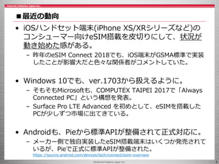 ©Internet Initiative Japan Inc. 5
■最近の動向
• iOSハンドセット端末(iPhone XS/XRシリーズなど)の
コンシューマー向けeSIM搭載を皮切りにして、状況が
動き始めた感がある。
– 昨年のeSIM Connect 2018でも、iOS端末がGSMA標準で実装
したことが影響大だと色々な関係者がコメントしていた。
• Windows 10でも、ver.1703から扱えるように。
– そもそもMicrosoftも、COMPUTEX TAIPEI 2017で「Always
Connected PC」という構想を発表。
– Surface Pro LTE Advanced を初めとして、eSIMを搭載した
PCが少しずつ市場に出てきている。
• Androidも、Pieから標準APIが整備されて正式対応に。
– メーカー側で独自実装したeSIM搭載端末はいくつか発売されて
いるが、Pieで正式に標準APIが整備された。
https://source.android.com/devices/tech/connect/esim-overview
 