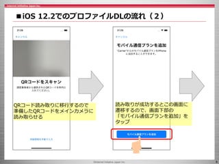 ©Internet Initiative Japan Inc. 9
■iOS 12.2でのプロファイルDLの流れ（２）
QRコード読み取りに移行するので
準備したQRコードをメインカメラに
読み取らせる
読み取りが成功するとこの画面に
遷移するので、画面下部の
「モバイル通信プランを追加」を
タップ
 