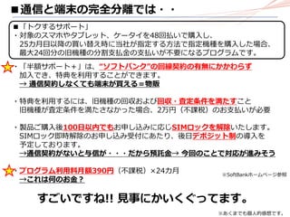 ■「トクするサポート」
・対象のスマホやタブレット、ケータイを48回払いで購入し、
25カ月目以降の買い替え時に当社が指定する方法で指定機種を購入した場合、
最大24回分の旧機種の分割支払金の支払いが不要になるプログラムです。
・「半額サポート＋」は、“ソフトバンク”の回線契約の有無にかかわらず
加入でき、特典を利用することができます。
→ 通信契約しなくても端末が買える＝物販
・特典を利用するには、旧機種の回収および回収・査定条件を満たすこと
旧機種が査定条件を満たさなかった場合、2万円（不課税）のお支払いが必要
・製品ご購入後100日以内でもお申し込みに応じSIMロックを解除いたします。
SIMロック即時解除のお申し込み受付にあたり、後日デポジット制の導入を
予定しております。
→通信契約がないと与信が・・・だから預託金→ 今回のことで対応が進みそう
・プログラム利用料月額390円（不課税）×24カ月
→これは何のお金？
■通信と端末の完全分離では・・
※SoftBankホームページ参照
すごいですね!! 見事にかいくぐってます。
※あくまでも個人的感想です。
 