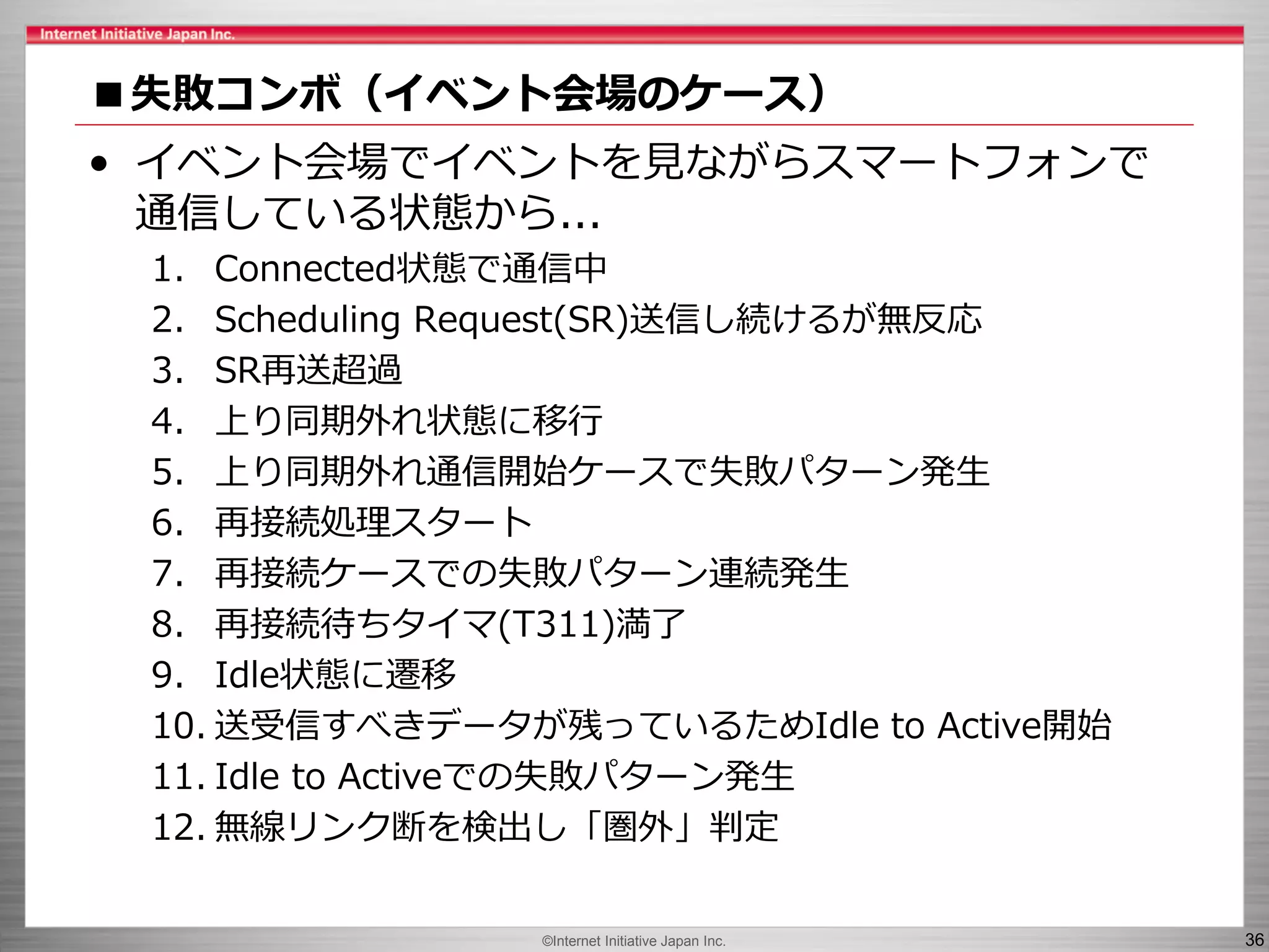 ©Internet Initiative Japan Inc. 36
■失敗コンボ（イベント会場のケース）
• イベント会場でイベントを見ながらスマートフォンで
通信している状態から...
1. Connected状態で通信中
2. Scheduling Request(SR)送信し続けるが無反応
3. SR再送超過
4. 上り同期外れ状態に移行
5. 上り同期外れ通信開始ケースで失敗パターン発生
6. 再接続処理スタート
7. 再接続ケースでの失敗パターン連続発生
8. 再接続待ちタイマ(T311)満了
9. Idle状態に遷移
10. 送受信すべきデータが残っているためIdle to Active開始
11. Idle to Activeでの失敗パターン発生
12. 無線リンク断を検出し「圏外」判定
 