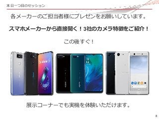8
本日一つ目のセッション
各メーカーのご担当者様にプレゼンをお願いしています。
スマホメーカーから直接聞く！3社のカメラ特徴をご紹介！
この後すぐ！
展示コーナーでも実機を体験いただけます。
 