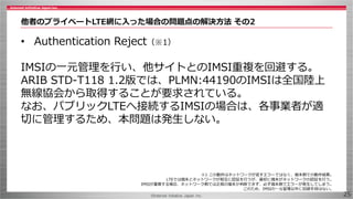 ©Internet Initiative Japan Inc.
他者のプライベートLTE網に入った場合の問題点の解決方法 その2
• Authentication Reject（※1）
IMSIの一元管理を行い、他サイトとのIMSI重複を回避す...