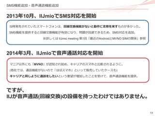 11
SMS機能追加・音声通話機能追加
2013年10月、IIJmioでSMS対応を開始
2014年3月、IIJmioで音声通話対応を開始
ですが、
IIJが音声通話(回線交換)の設備を持ったわけではありません。
当時発売されていたスマートフォンは、回線交換機能がないと動作に支障を来すものが多かった。
SMS機能を提供すると回線交換機能が有効になり、問題が回避できるため、SMS対応を追加。
※詳しくは IIJmio meeting 第1回「最近のAndroidとMVNO SIMの関係」参照
マニア以外にも「MVNO」が認知され始め、キャリアのスマホと比較されるように。
(他社では、通話機能がないので「ほぼスマホ」といって販売していたケースも)
キャリアと同じように通話をしたいという要望が増加したことを受けて、音声通話機能を提供。
 