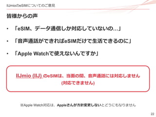 22
IIJmioのeSIMについてのご意見
皆様からの声
• 「eSIM、データ通信しか対応していないの…」
• 「音声通話ができればeSIMだけで生活できるのに」
• 「Apple Watchで使えないんですか」
IIJmio (IIJ) のeSIMは、当面の間、音声通話には対応しません
(対応できません)
※Apple Watch対応は、Appleさんが方針変更しないとどうにもなりません
 