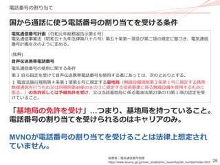 25
電話番号の割り当て
国から通話に使う電話番号の割り当てを受ける条件
「基地局の免許を受け」…つまり、基地局を持っていること。
電話番号の割り当てを受けられるのはキャリアのみ。
MVNOが電話番号の割り当てを受けることは法律上想定され
ていません。
総務省｜電気通信番号制度
https://www.soumu.go.jp/main_sosiki/joho_tsusin/top/tel_number/index.html
電気通信番号計画（令和元年総務省告示第６号）
電気通信事業法（昭和五十九年法律第八十六号）第五十条第一項及び第二項の規定に基づき、電気通信
番号計画を次のように定める。
(抜粋)
音声伝送携帯電話番号
電気通信番号の使用に関する条件
第３ 自ら指定を受けて音声伝送携帯電話番号を使用する者にあっては、次のとおりとする。
１ 電波法施行規則第４条第１項第６号に規定する基地局（無線設備規則第３条第１号に規定する携帯
無線通信を行うもの又は同規則第49条の８の３に規定する技術基準に係る無線設備を使用するものに
限る。）の免許若しくは予備免許を受け、又は当該基地局に係る電波法第27条の13第１項の認定を受
けていること。
 