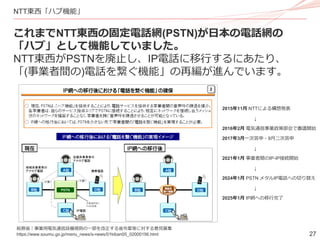 27
NTT東西「ハブ機能」
これまでNTT東西の固定電話網(PSTN)が日本の電話網の
「ハブ」として機能していました。
NTT東西がPSTNを廃止し、IP電話に移行するにあたり、
「(事業者間の)電話を繋ぐ機能」の再編が進んでいます。
総務省｜事業用電気通信設備規則の一部を改正する省令案等に対する意見募集
https://www.soumu.go.jp/menu_news/s-news/01kiban05_02000156.html
2015年11月 NTTによる構想発表
↓
2016年2月 電気通信事業政策部会で審議開始
2017年3月一次答申・9月二次答申
↓
2021年1月 事業者間のIP-IP接続開始
↓
2024年1月 PSTN メタルIP電話への切り替え
↓
2025年1月 IP網への移行完了
 