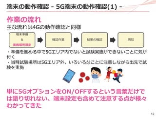 12
作業の流れ
主な流れは4Gの動作確認と同様
端末の動作確認 - 5G端末の動作確認(1) -
端末準備
＆
実施場所選定
確認作業 結果の確認 周知
・準備を進める中で5Gエリア内でないと試験実施ができないことに気が
付く
・当時試験場所は5Gエリア外。いろいろなことに注意しながら出先で試
験を実施
単に5GオプションをON/OFFするという言葉だけで
は語り切れない、端末設定も含めて注意する点が様々
わかってきた
 
