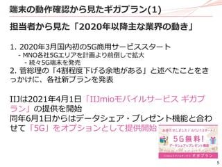 5
端末の動作確認から見たギガプラン(1)
担当者から見た「2020年以降主な業界の動き」
1. 2020年3月国内初の5G商用サービススタート
- MNO各社5Gエリアを計画より前倒しで拡大
- 続々5G端末を発売
2. 菅総理の「4割程度下げる余地がある」と述べたことをき
っかけに、各社新プランを発表
IIJは2021年4月1日「IIJmioモバイルサービス ギガプ
ラン」の提供を開始
同年6月1日からはデータシェア・プレゼント機能と合わ
せて「5G」をオプションとして提供開始
 