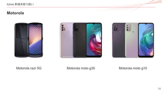 13
IIJmio 新端末取り扱い
Motorola
Motorola moto g30 Motorola moto g10
Motorola razr 5G
 
