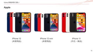 15
IIJmio 新端末取り扱い
Apple
iPhone 12 mini
(未使用品)
iPhone 11
(中古・美品)
iPhone 12
(未使用品)
 